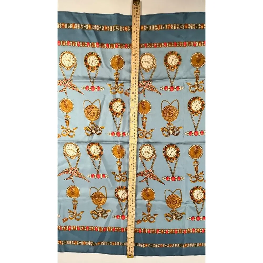 Christian Dior Silk Scarf Jewel & Watch Charm Pattern Blue 34.5